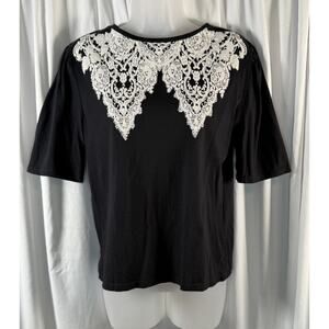 Zara Faux Lace White Print Collar Short Sleeves T-shirt Black M victorian 83-26
